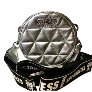 Guess Laiken Mini Round Crossbody‎ Bag Quilted Metallic Design  adjustable strap